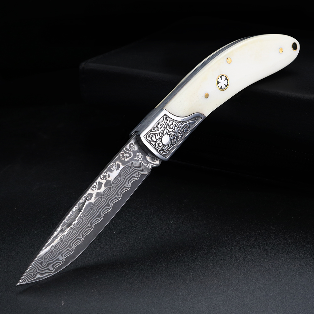 Bone Folder Tool - Vouwmes van Damaststaal met stierenbeendermotief, stevig